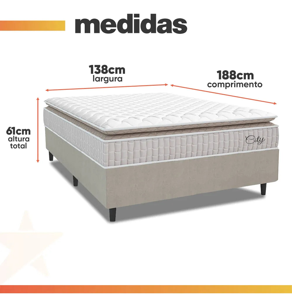 Cama Box Colchão Casal Molas Ensacadas City Pillow Top 138x188x61cm Branco e Bege Hellen