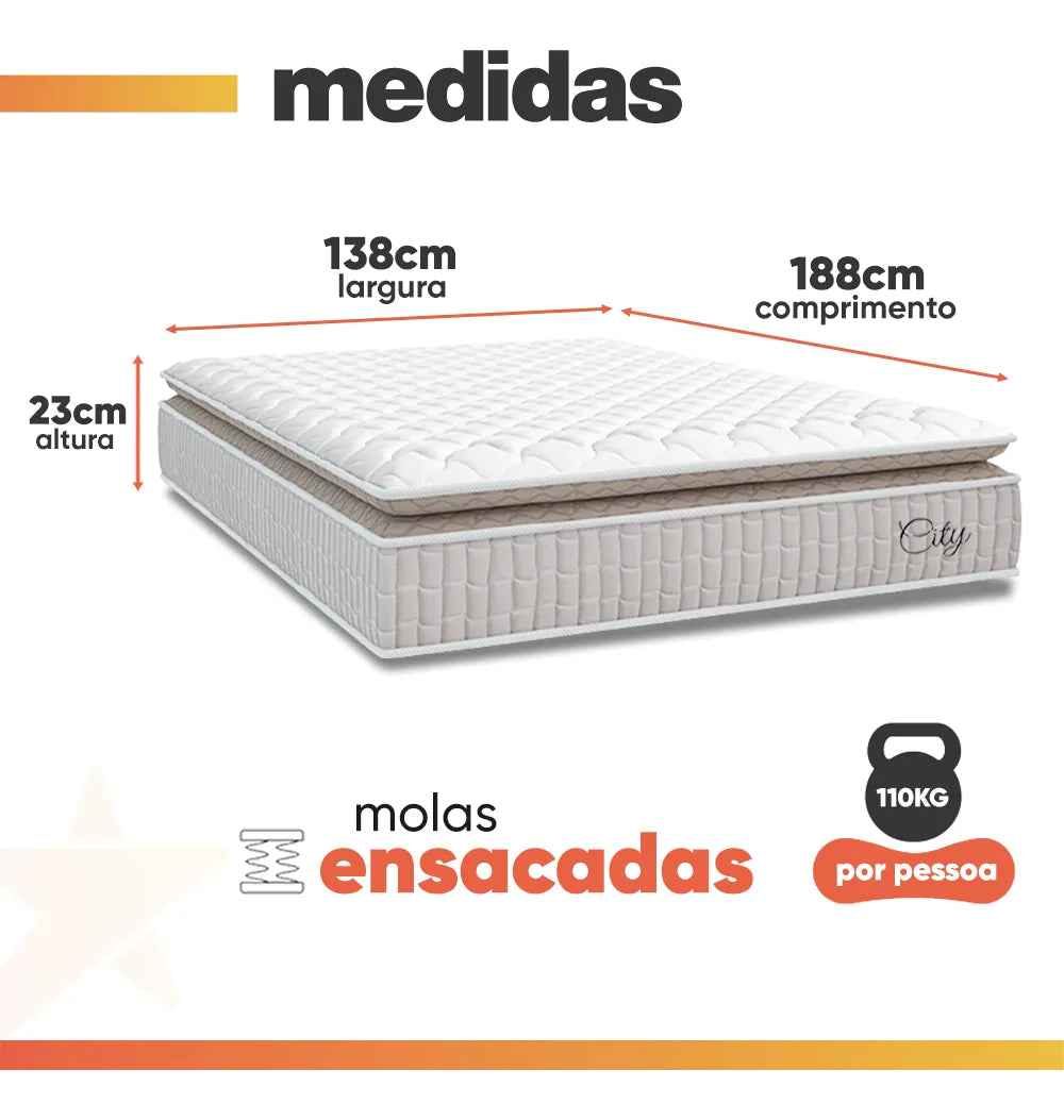 Cama Box Colchão Casal Molas Ensacadas City Pillow Top 138x188x61cm Branco e Bege Hellen