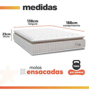 Cama Box Colchão Casal Molas Ensacadas City Pillow Top 138x188x61cm Branco e Bege Hellen