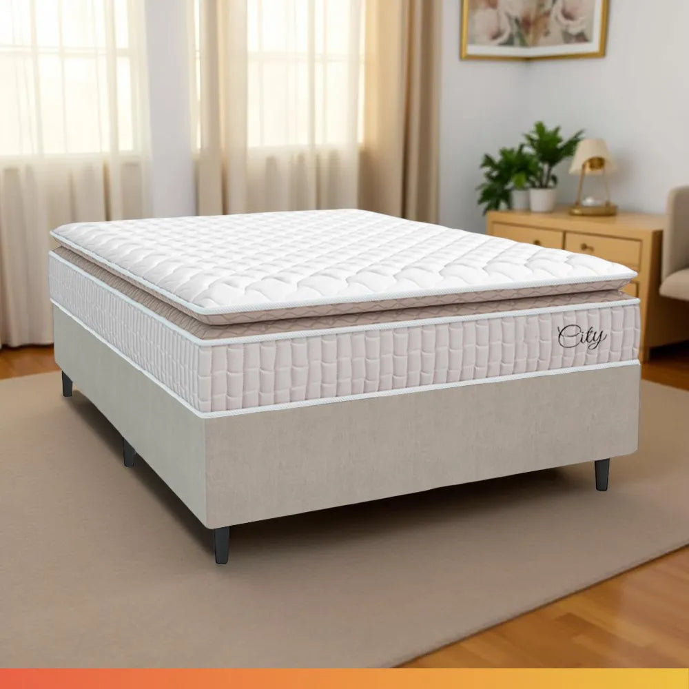 Cama Box Colchão Casal Molas Ensacadas City Pillow Top 138x188x61cm Branco e Bege Hellen