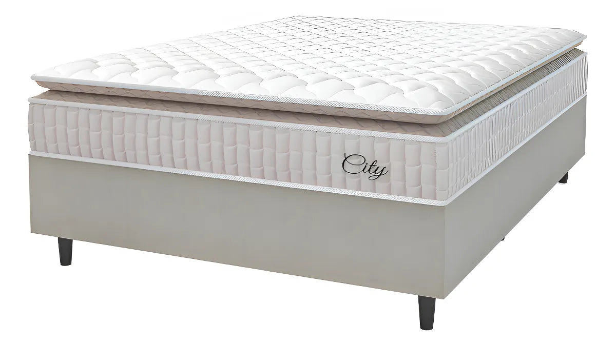 Cama Box Colchão Casal Molas Ensacadas City Pillow Top 138x188x61cm Branco e Bege Hellen