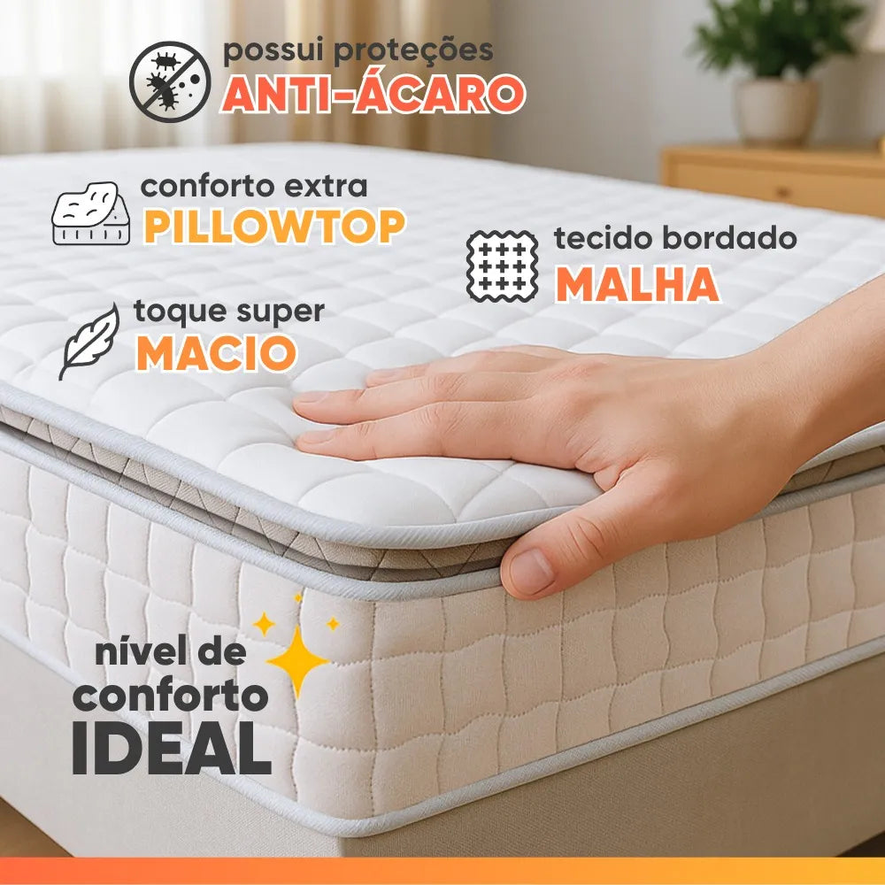 Cama Box Colchão Casal Molas Ensacadas City Pillow Top 138x188x61cm Branco e Bege Hellen